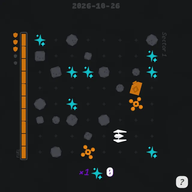 The Seeking Stardust daily board for 2026-10-26, sector 1: the ship on a grid of stardust, asteroids, a fuel can and two stations, with the fuel gauge, hull shields and a score of 0