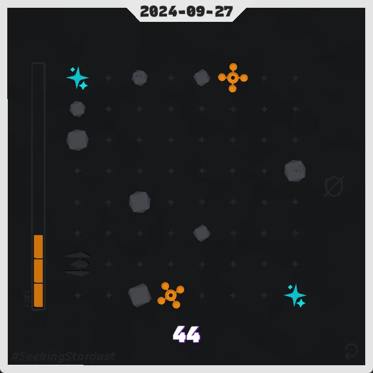 The end of a Seeking Stardust daily run for 2024-09-27 with a final score of 44
