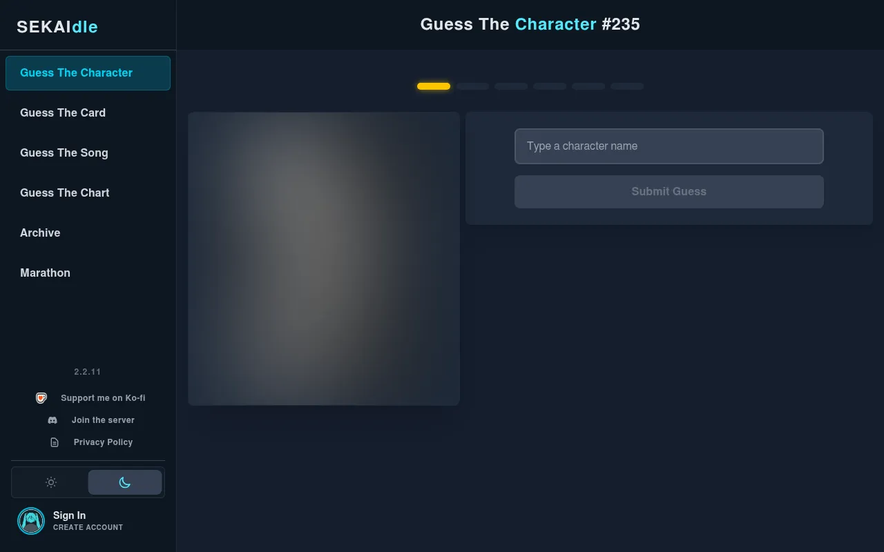 SEKAIdle's Guess the Character round #235: a blurred character portrait, six try bars and a box to type a character name