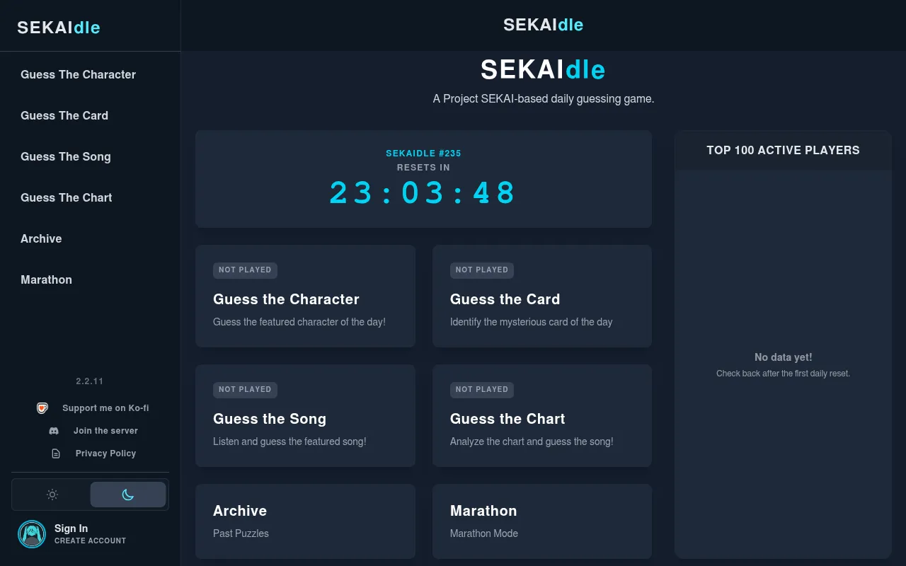 SEKAIdle's front page with the countdown to the next set and the four daily rounds: Character, Card, Song and Chart