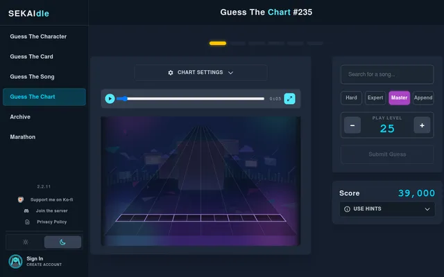 SEKAIdle's Guess the Chart round #235: a note highway with a song search box, Hard, Expert, Master and Append buttons, a play level and a score