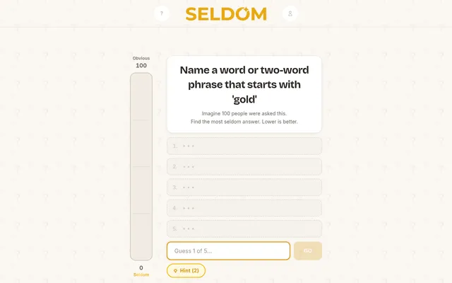 Seldom daily prompt: Name a word or two-word phrase that starts with gold, with five answer slots, a score meter from Obvious 100 to Seldom 0 and a hint button