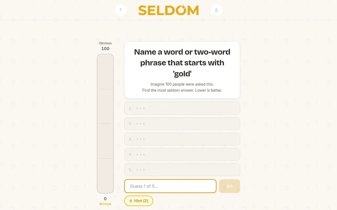 Seldom daily prompt: Name a word or two-word phrase that starts with gold, with five answer slots, a score meter from Obvious 100 to Seldom 0 and a hint button