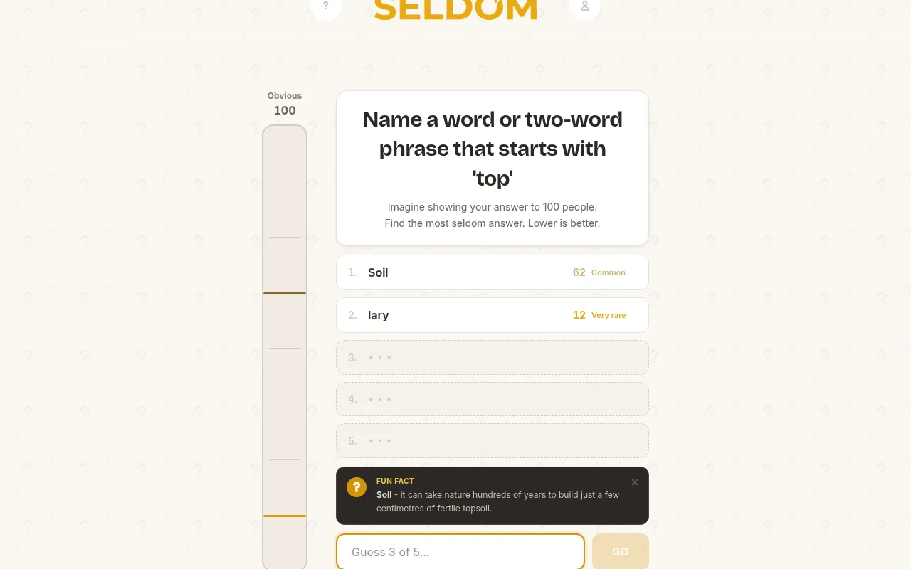 Seldom board for the prompt starting with 'top': answers Soil scored 62 Common and Iary 12 Very rare, the Obvious to Seldom meter and a fun fact