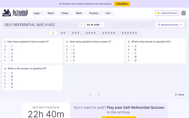 Self-Referential Quiz #1022 for 18 Oct 2026 on Puzzleship: the very easy quiz's four multiple-choice questions about their own answers, with the six difficulty tabs above