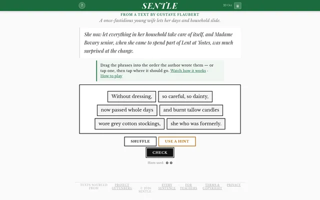 Sentle on 20 Oct: six shuffled phrases of a Flaubert sentence from Madame Bovary under its context line, with Shuffle, Use a hint and Check buttons
