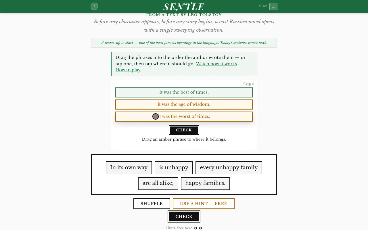 Sentle on 5 Oct with a warm-up from Leo Tolstoy: shuffled phrases above Shuffle, Use a hint and Check buttons