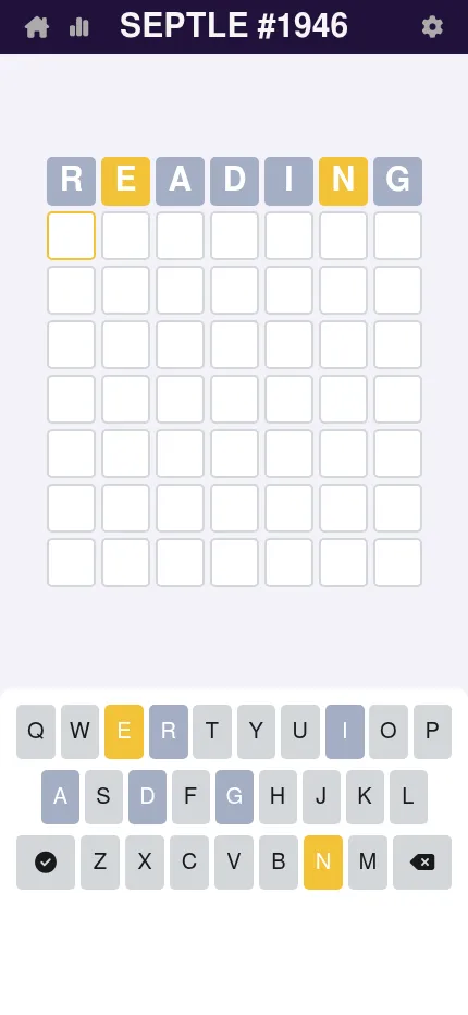 A Septle board on a phone: the first guess READING scored, E and N in yellow, above the on-screen keyboard