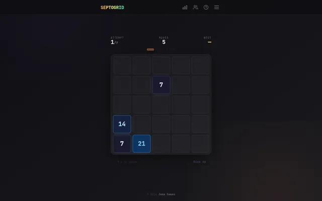 Today's Septogrid board after five moves: a 5x5 grid with 7, 14 and 21 tiles, attempt 1 of 7