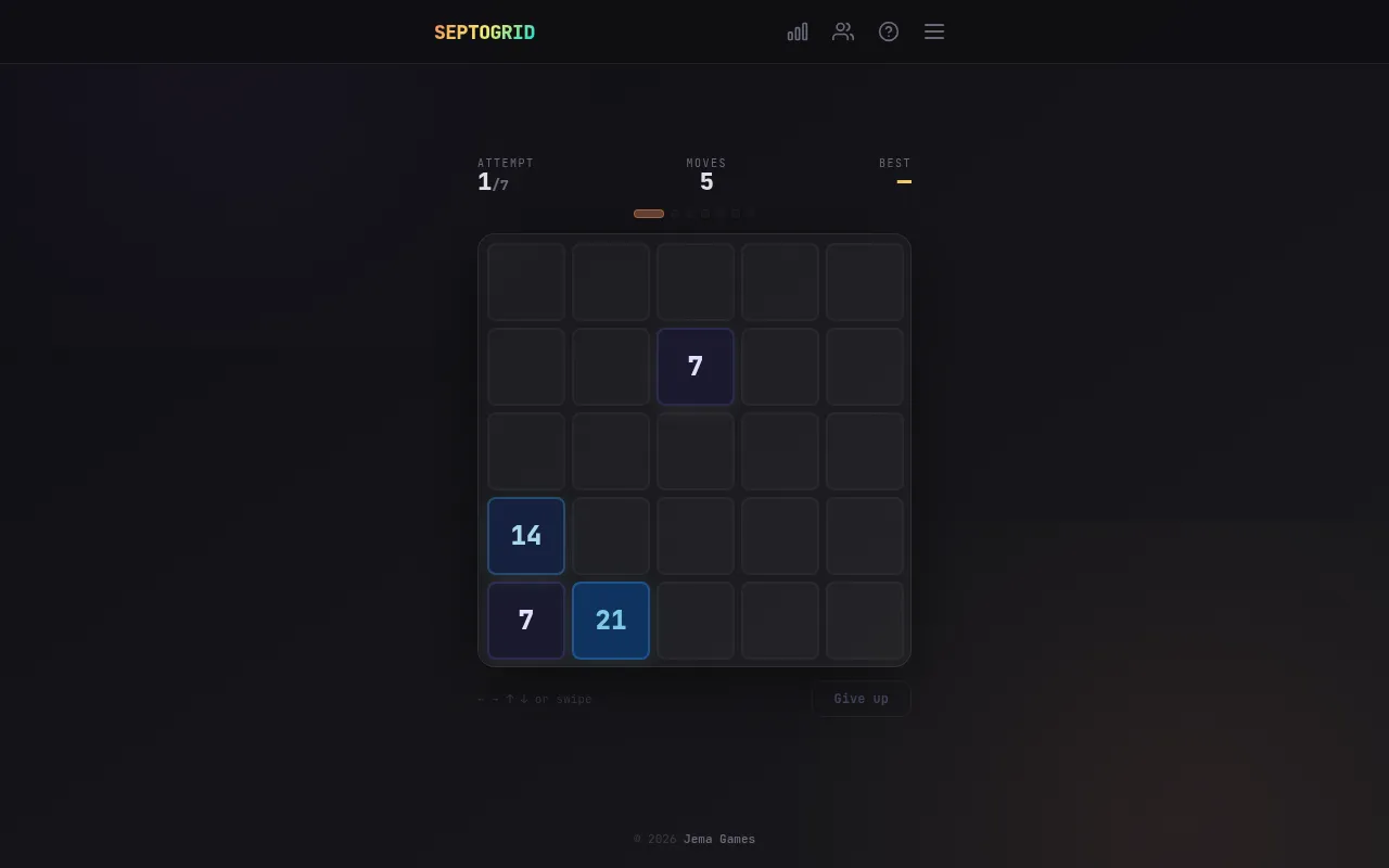 Today's Septogrid board after five moves: a 5x5 grid with 7, 14 and 21 tiles, attempt 1 of 7
