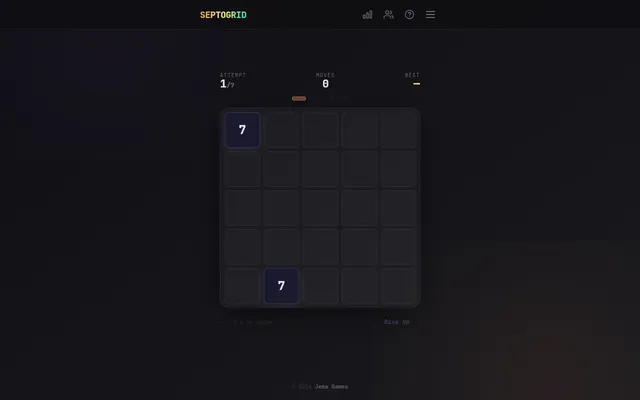 A Septogrid board at attempt 1 of 7 and zero moves: a 5x5 grid with two 7 tiles