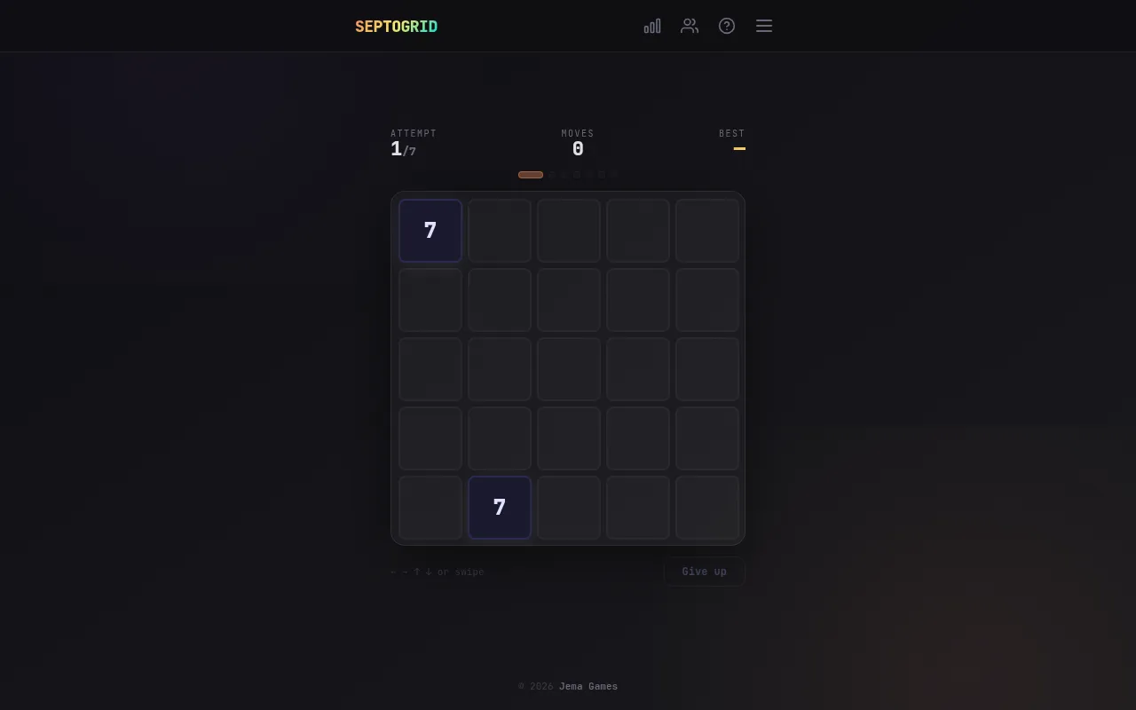 A Septogrid board at attempt 1 of 7 and zero moves: a 5x5 grid with two 7 tiles