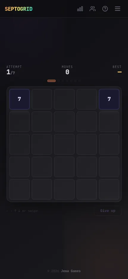 Septogrid at phone size: the day's 5x5 board opening with two 7 tiles, attempt 1 of 7