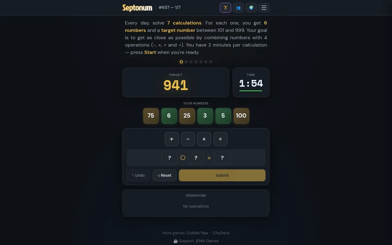 Septonum #657, calculation 1 of 7 on desktop: target 941, the numbers 75, 6, 25, 3, 5 and 100, the four operation buttons and the timer at 1:54