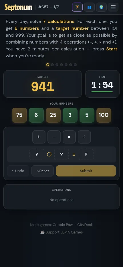 Septonum #657 on a phone: target 941, six number tiles, the operation buttons, Undo, Reset and Submit, with the timer at 1:54