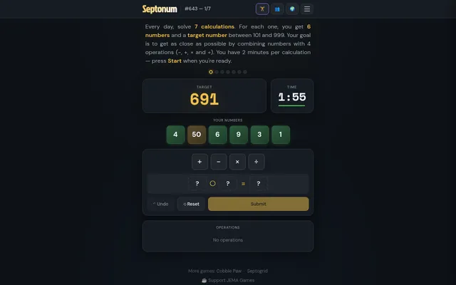 Septonum #643, calculation 1 of 7: target 691, the numbers 4, 50, 6, 9, 3 and 1, the four operation buttons and a timer at 1:55