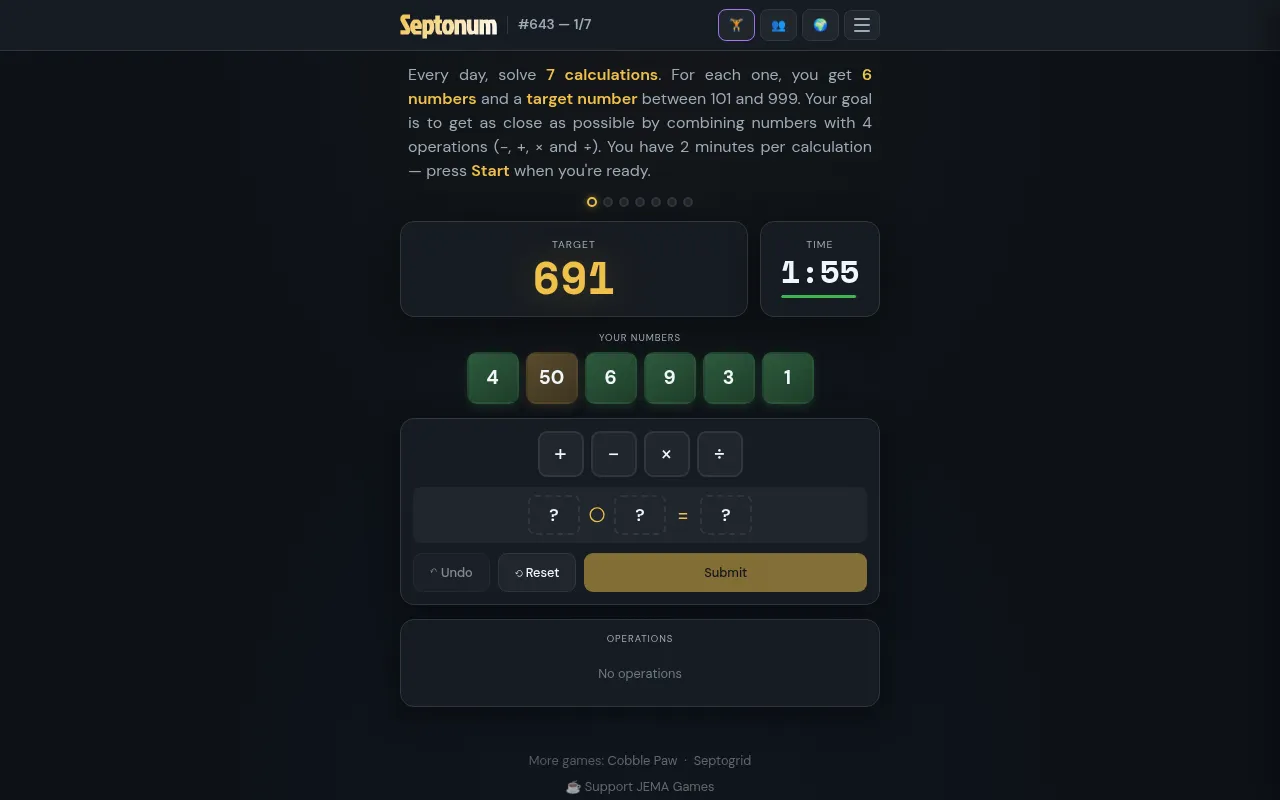 Septonum #643, calculation 1 of 7: target 691, the numbers 4, 50, 6, 9, 3 and 1, the four operation buttons and a timer at 1:55