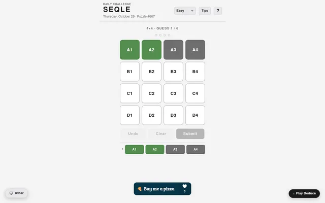 Seqle Easy 4x4 board for Thursday, October 29, puzzle 667, after one guess: A1 and A2 green, A3 and A4 grey, guess 1 of 6