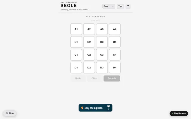 Seqle daily challenge for Saturday, October 3, puzzle 641: an empty 4x4 grid of tiles labelled A1 to D4, guess 0 of 6, with Undo, Clear and Submit buttons
