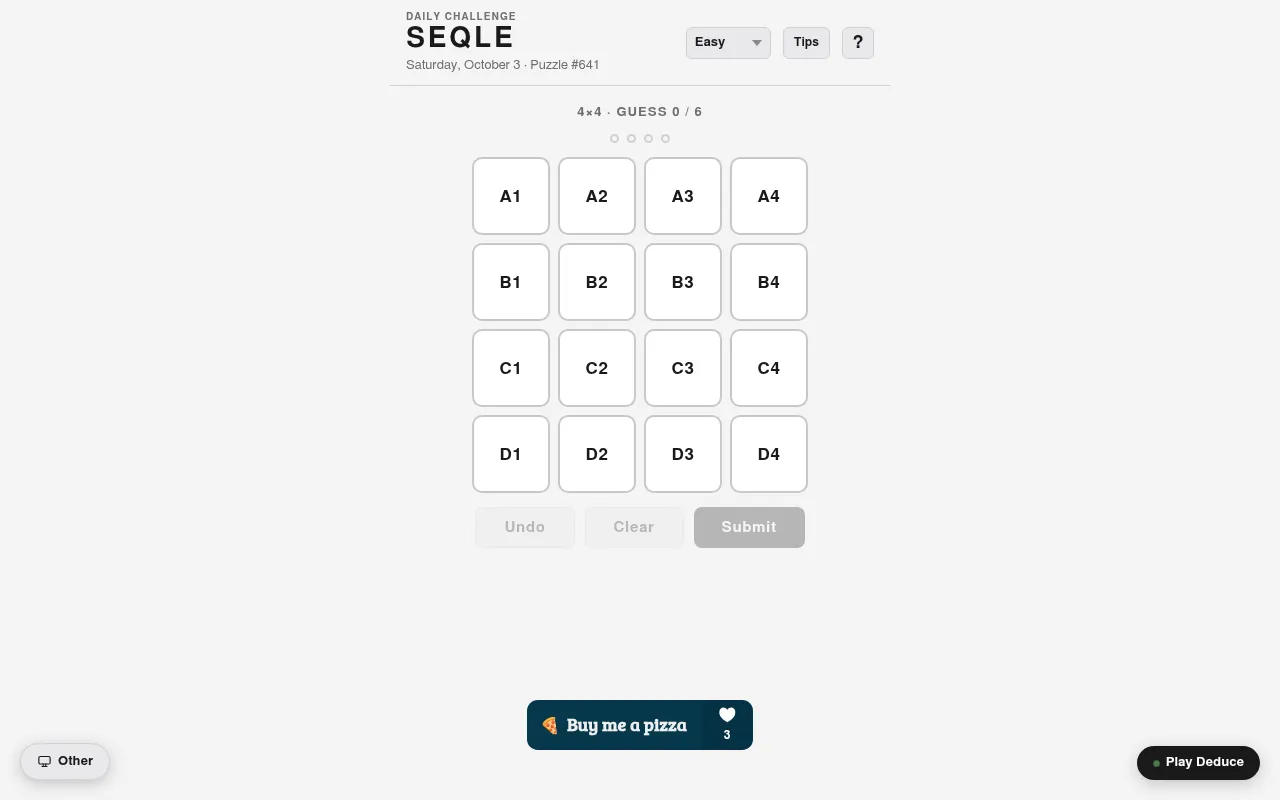 Seqle daily challenge for Saturday, October 3, puzzle 641: an empty 4x4 grid of tiles labelled A1 to D4, guess 0 of 6, with Undo, Clear and Submit buttons