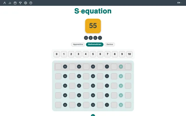 Sequation board for October 7, 2026: target 55 with the operators plus, times, plus, minus, a tray of digits 0 to 10 and five empty guess rows