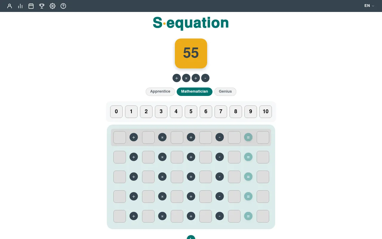 Sequation board for October 7, 2026: target 55 with the operators plus, times, plus, minus, a tray of digits 0 to 10 and five empty guess rows