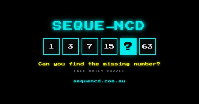 SEQUE-NCD card showing the sequence 1, 3, 7, 15, ?, 63 in teletext style boxes
