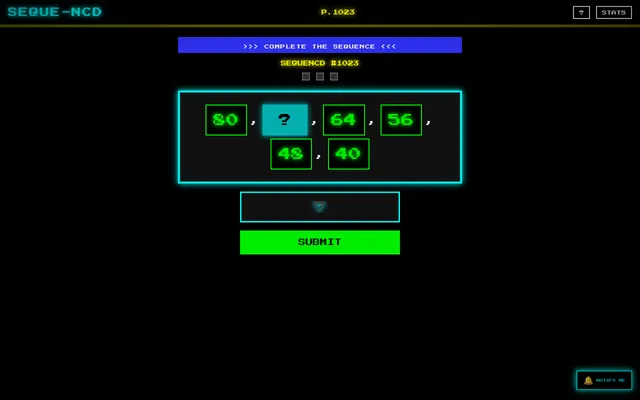 SEQUE-NCD puzzle #1023 on a desktop: the sequence 80, ?, 64, 56, 48, 40 in green teletext boxes, an answer box and a Submit button