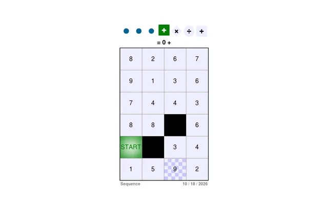 The Sequence board for 10/18/2026 at desktop size: a 4 by 6 grid of numbered tiles with a green START tile, a checkered END tile and two black squares, under a row of operations