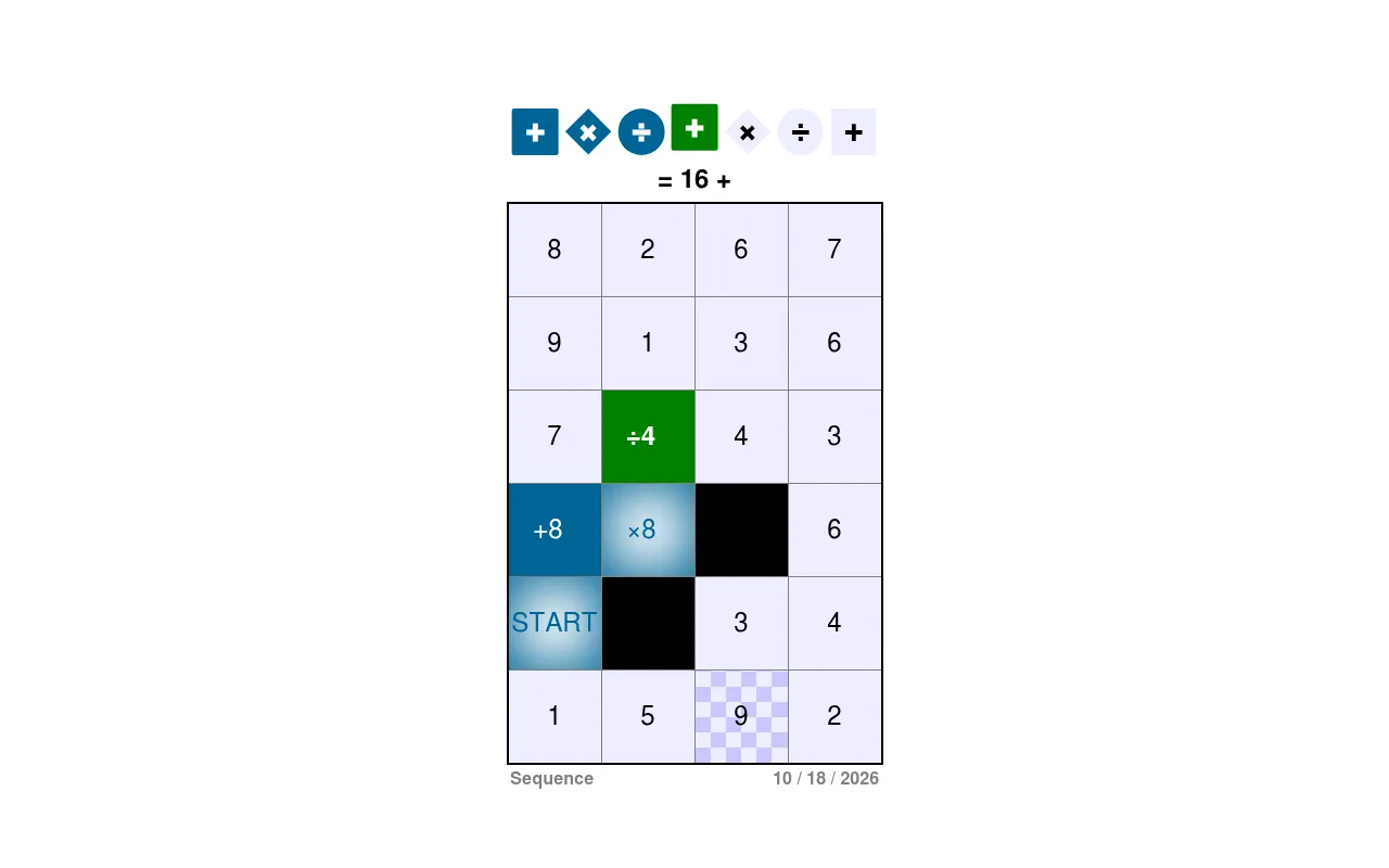 Sequence for 10/18/2026 part way through: a path from START through +8, times 8 and divide 4 gives a score of 16