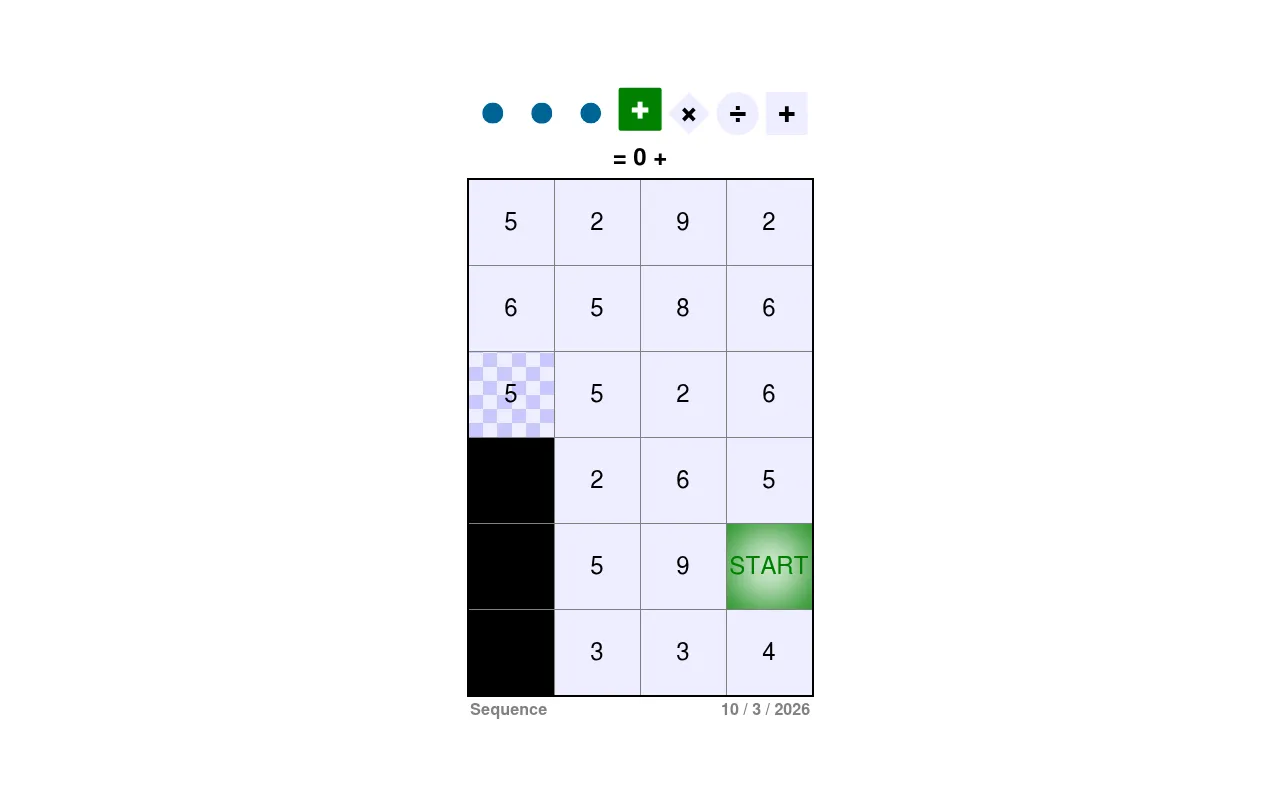 The Sequence board for 10/3/2026: a 4x6 grid of numbered tiles with a green START tile, a checkered END tile and three black squares, under an operation row of plus, times, divide and plus
