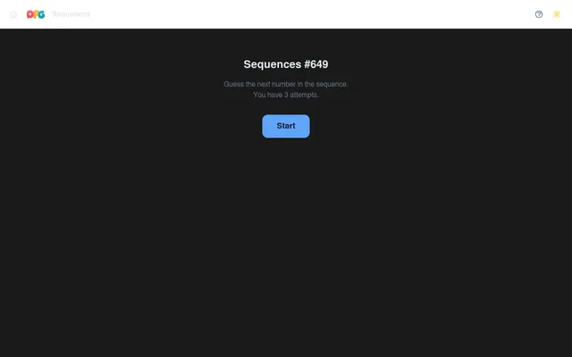 The Sequences start screen for puzzle #649: Guess the next number in the sequence, you have 3 attempts, with a Start button