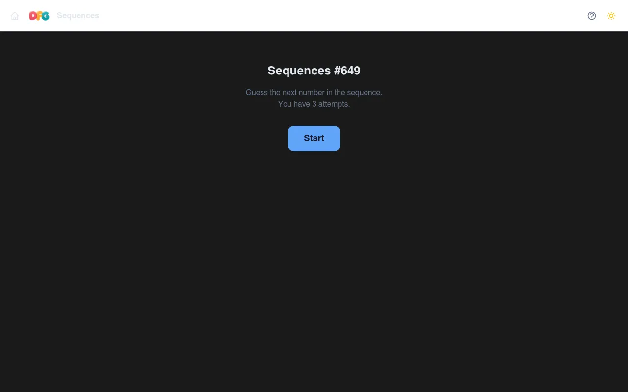 The Sequences start screen for puzzle #649: Guess the next number in the sequence, you have 3 attempts, with a Start button