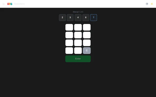 Sequences (Daily Fast Games) in play: attempt 1 of 3, the day's numbers 2, 3, 4, 6 and a question mark for the next one, above a number pad and Enter