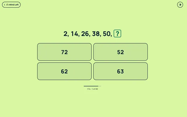 Series on Mind Loft, 27 October 2026: problem 1 of 20, the run 2, 14, 26, 38, 50 with four answer choices and a 20 second countdown bar