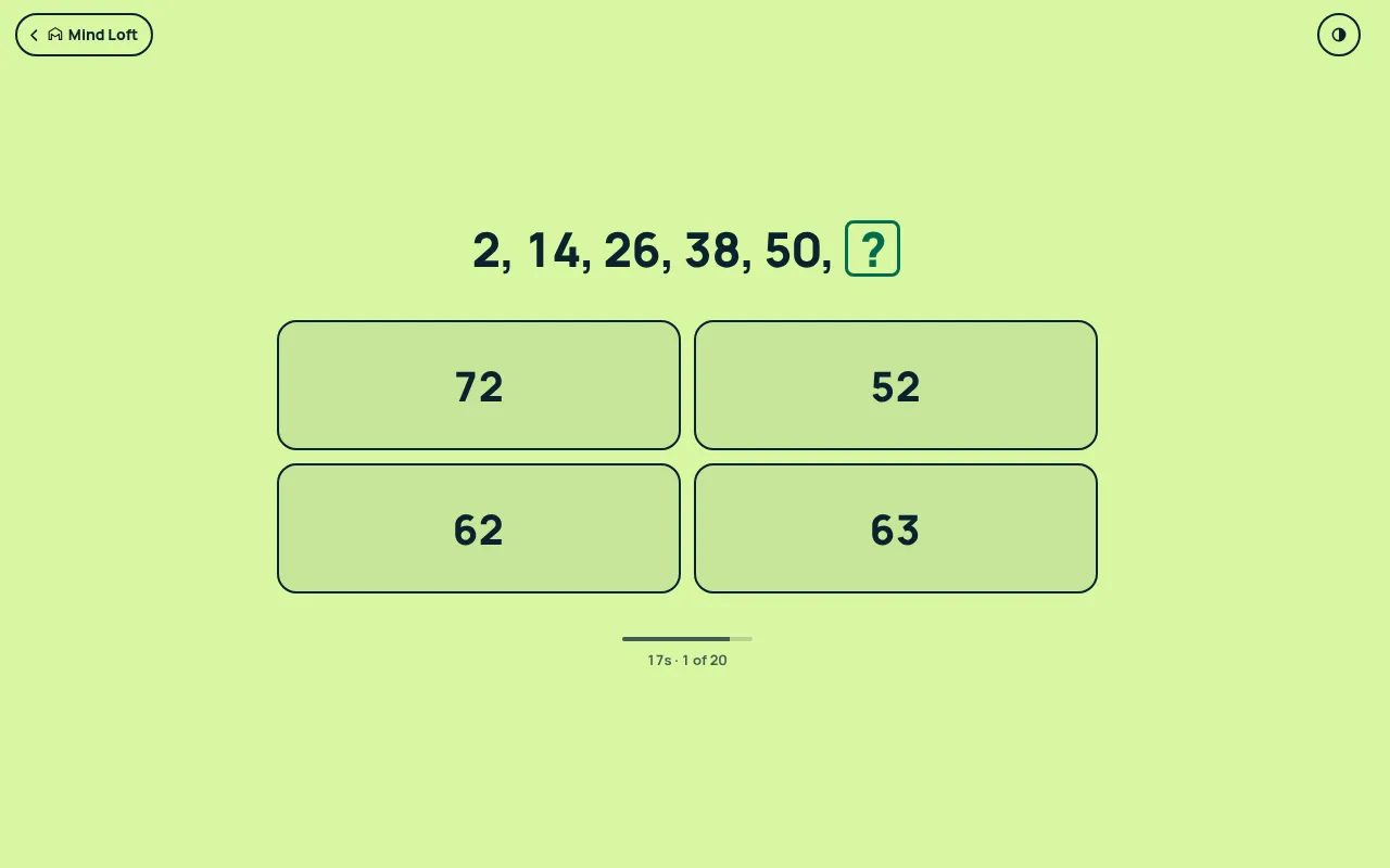Series on Mind Loft, 27 October 2026: problem 1 of 20, the run 2, 14, 26, 38, 50 with four answer choices and a 20 second countdown bar