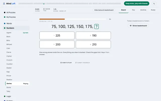 Series on Mind Loft: problem 1 of 20, the run 75, 100, 125, 150, 175 with four answer choices and a countdown bar