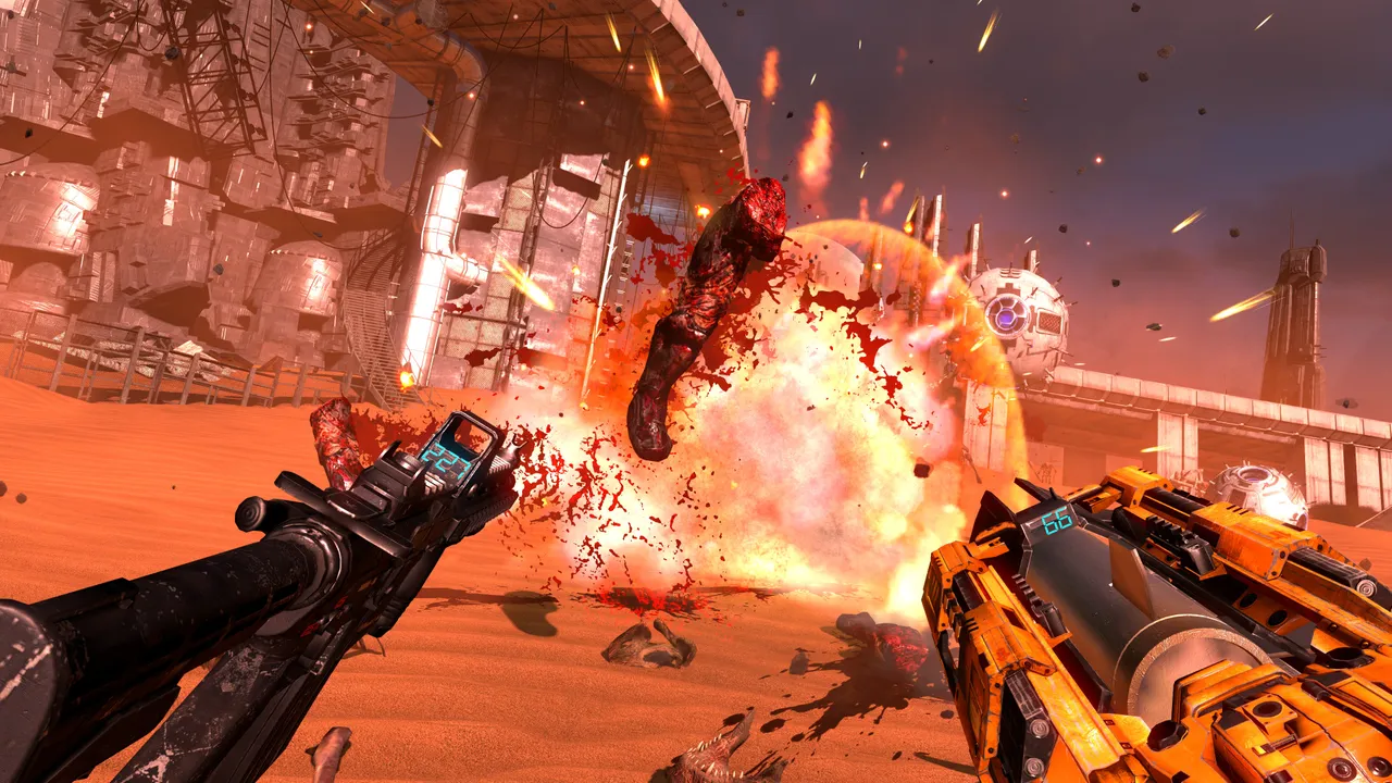Serious Sam VR: The Last Hope: an enemy blown apart in an explosion on a red desert planet, seen over the player's assault rifle and cannon