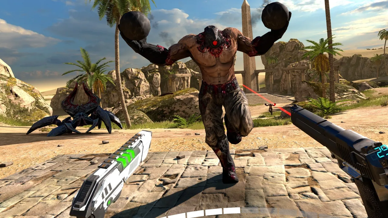Serious Sam VR: The Last Hope in play: a muscular alien holding two bombs charges across a desert temple courtyard while the player holds a laser rifle and a pistol