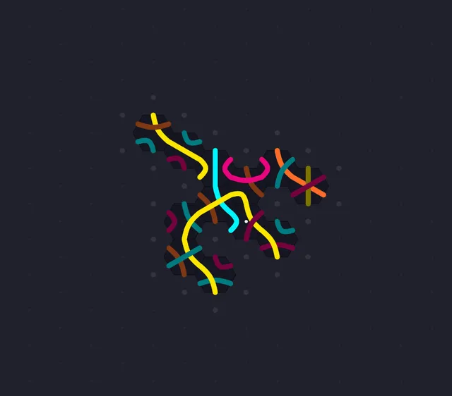 A SerpenTiles serpent of dark hextiles on the hex board, crossed by yellow, cyan, pink, teal and orange lines