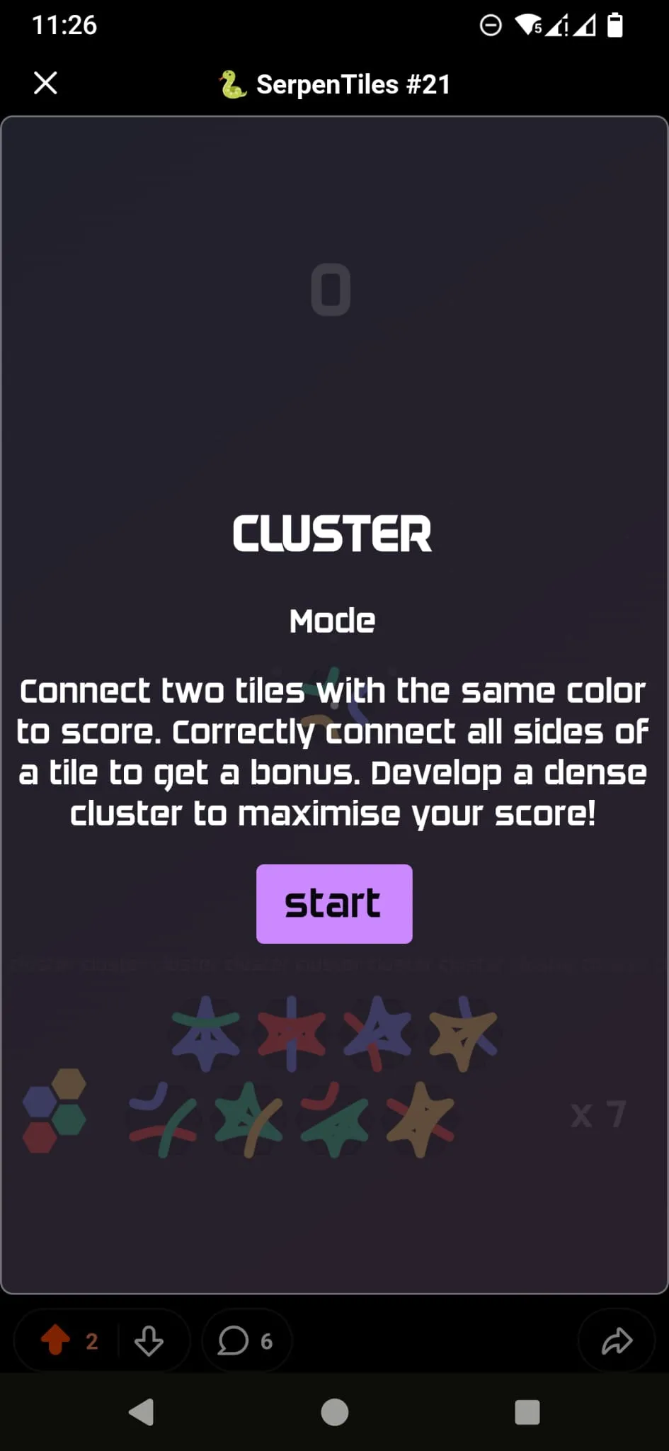 SerpenTiles #21 on a phone: the Cluster mode rules and a start button above the day's hextiles