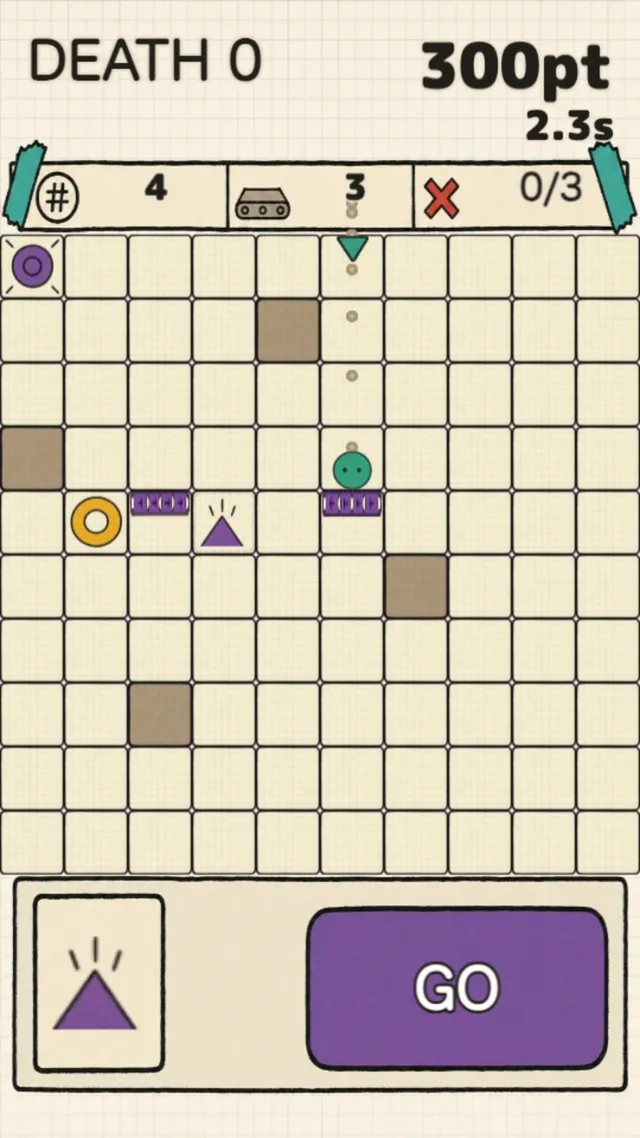 Set and Run in play: a graph-paper grid with the ball resting on a purple belt, a springboard and a yellow ring target, and a springboard part waiting beside the GO button