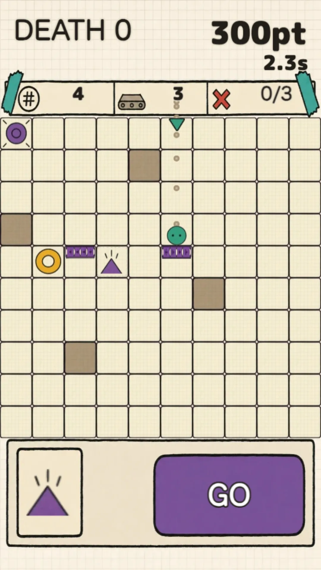 Set and Run in play: a graph-paper grid with the ball resting on a purple belt, a springboard and a yellow ring target, and a springboard part waiting beside the GO button