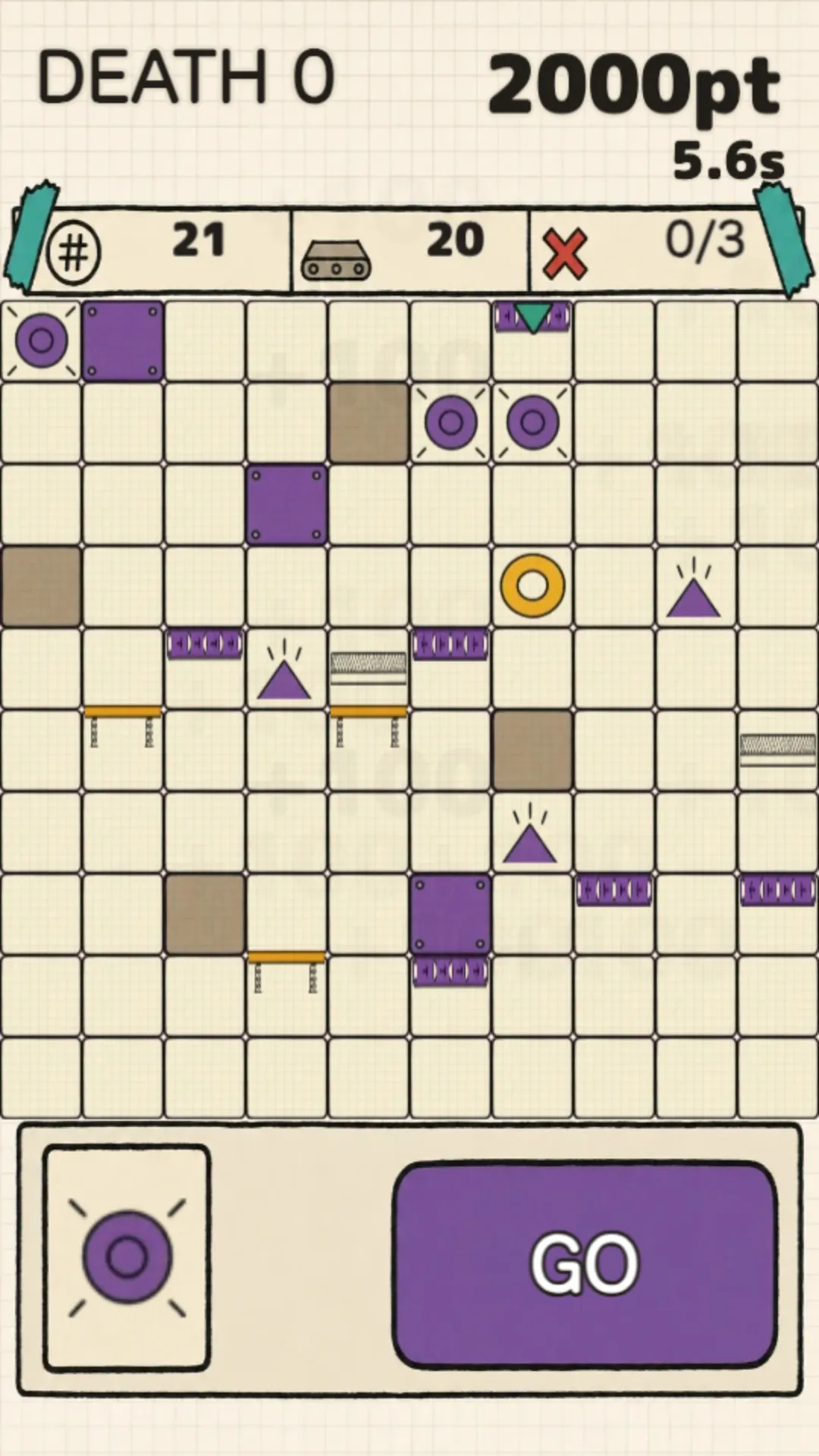 A Set and Run board late in a run, round 21 at 2000 points, crowded with belts, springboards, bumpers, blocks and brakes from earlier rounds