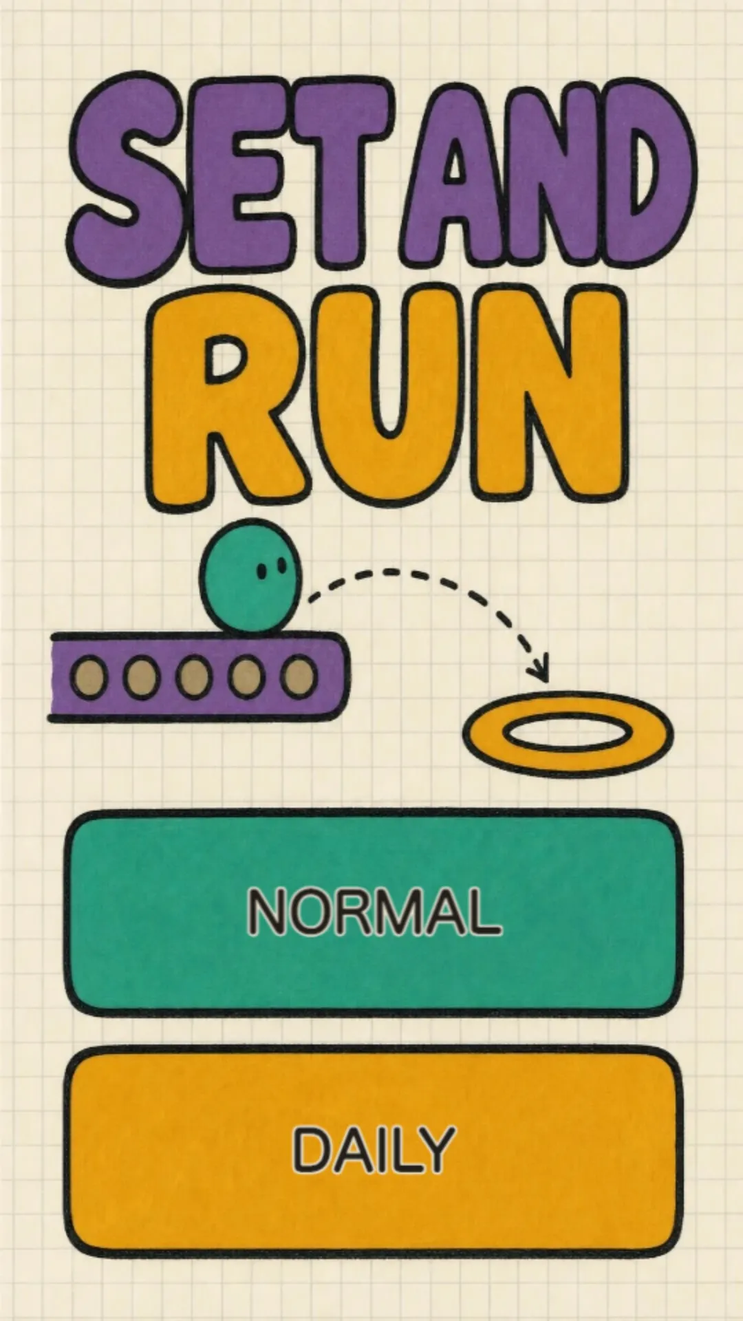 Set and Run title screen with Normal and Daily buttons under a drawing of the ball, a belt and a ring