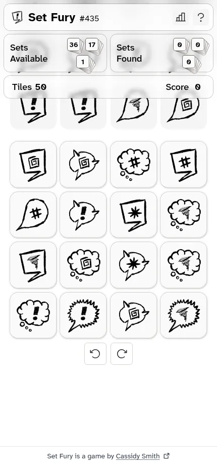 Set Fury #435 at phone size: the same speech-bubble tile grid filling the narrow screen, with the rotate buttons below and the sets counters above
