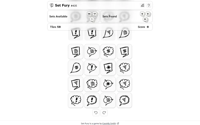 Set Fury #435 on desktop: a 4 by 4 grid of hand-drawn speech-bubble tiles with inner symbols, under counters for 36, 17 and 1 sets available, 50 tiles and a score of 0