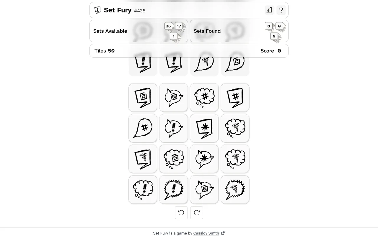 Set Fury #435 on desktop: a 4 by 4 grid of hand-drawn speech-bubble tiles with inner symbols, under counters for 36, 17 and 1 sets available, 50 tiles and a score of 0