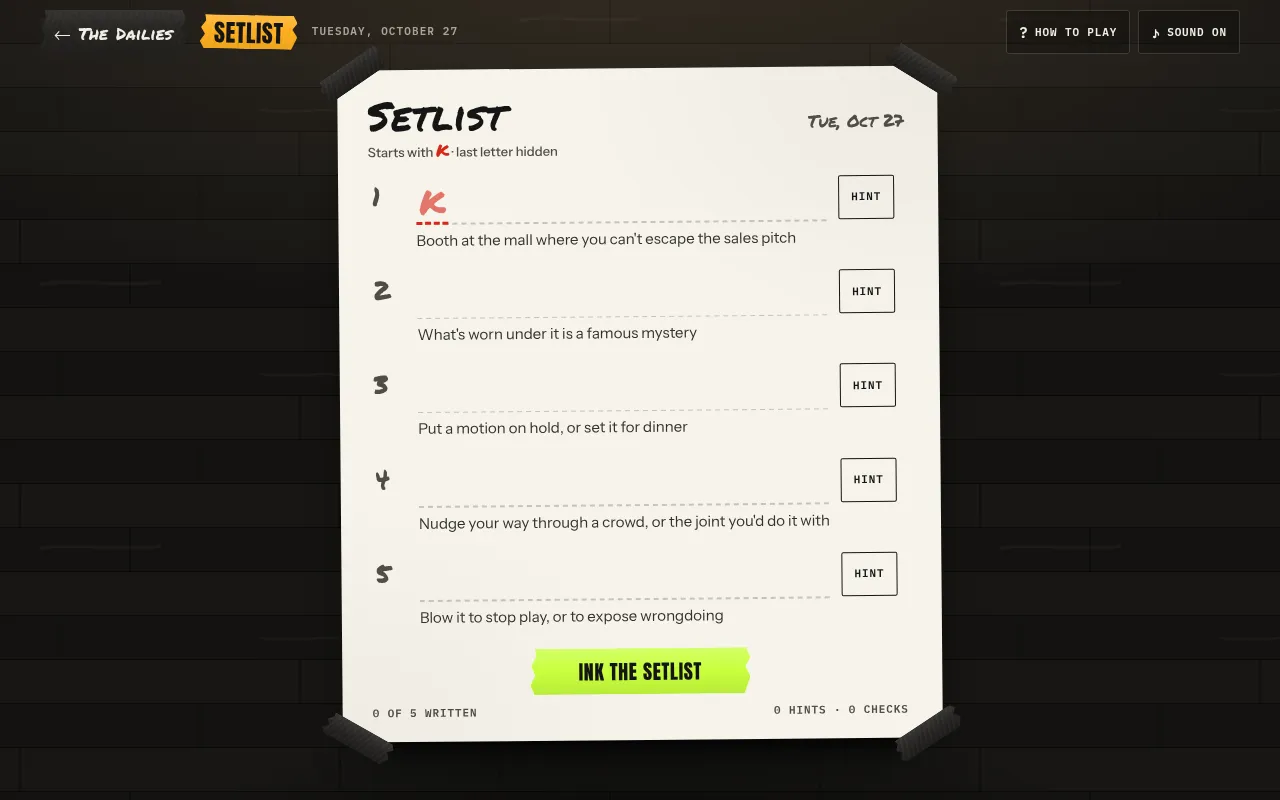 The empty Setlist sheet for October 27: five clues, the first line starting with K, the last letter hidden, and the Ink the setlist button