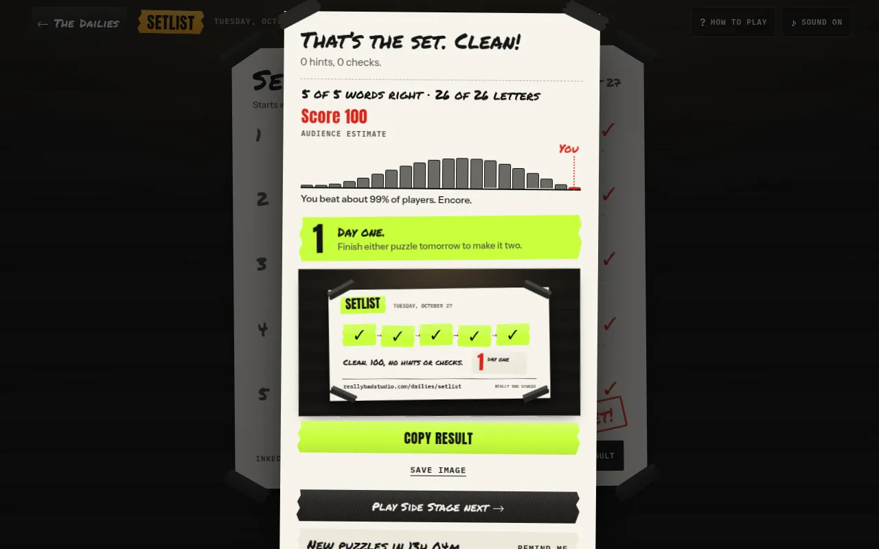 Setlist's result card after inking: five of five words right, score 100, a chart of other players' scores and the shareable result